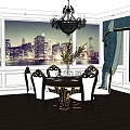 Elegant Dining Table Set With Chandelier White Walls Dark Wood Floor And City View Window