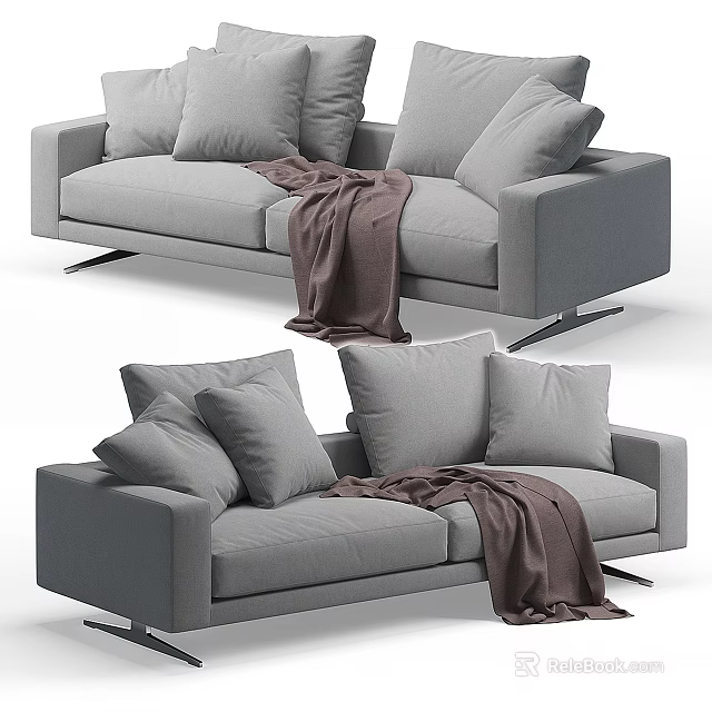 Modern Gray Two-Seater Sofa with Fabric Cushions Brown Blanket and Metal Legs 3d model 