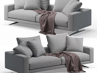 Modern Gray Two-Seater Sofa with Fabric Cushions Brown Blanket and Metal Legs 3d model