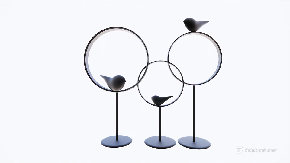 Modern Decorative Ornament Set With Three Metal Stands Circular Rings Bird Figurines And Round Base 3d model 
