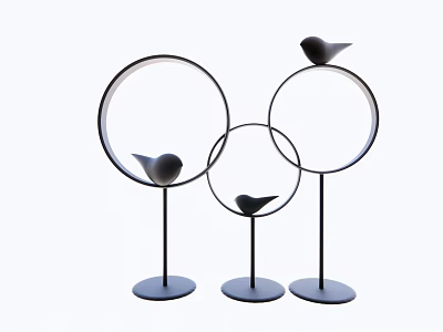 Modern Decorative Ornament Set With Three Metal Stands Circular Rings Bird Figurines And Round Base 3d model