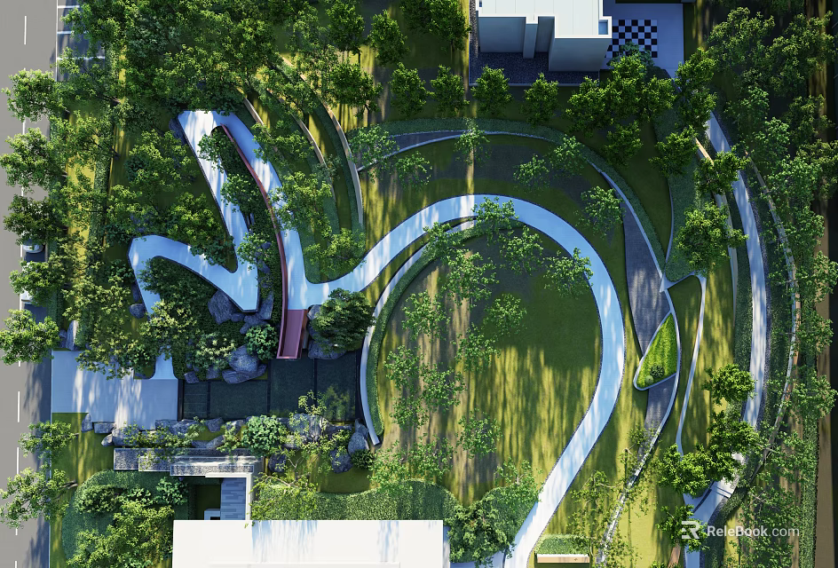 Curved White Pathways In Lush Green Garden Landscape With Dense Trees And Architectural Structures 3d model 