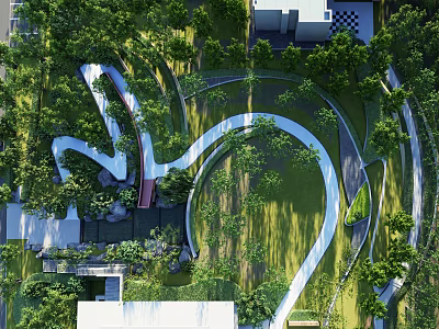 Curved White Pathways In Lush Green Garden Landscape With Dense Trees And Architectural Structures 3d model