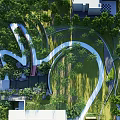 Curved White Pathways In Lush Green Garden Landscape With Dense Trees And Architectural Structures