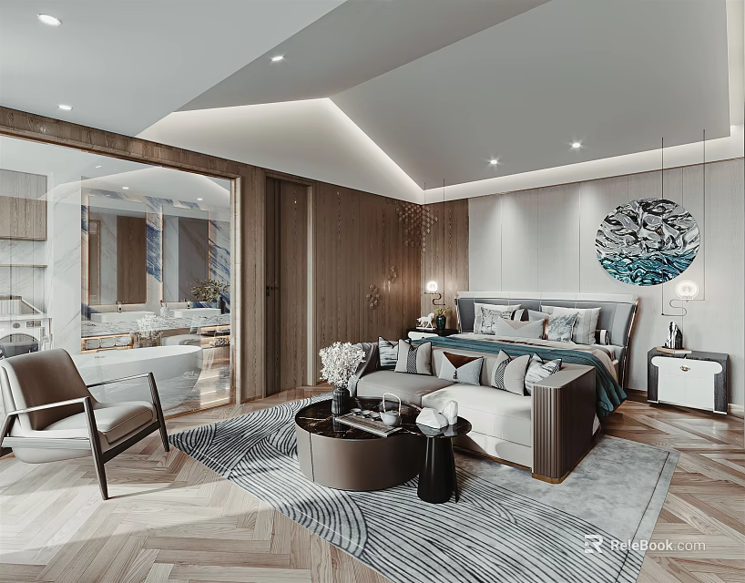 Modern Elegant Bedroom Interior With Comfortable Bed Nightstands Decorative Painting And Herringbone Rug 3d model 