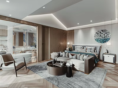 Modern Elegant Bedroom Interior With Comfortable Bed Nightstands Decorative Painting And Herringbone Rug 3d model