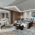 Modern Elegant Bedroom Interior With Comfortable Bed Nightstands Decorative Painting And Herringbone Rug