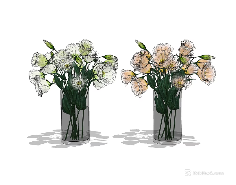 Two Clear Glass Vases Holding White and Pink Fresh Flowers with Green Stems 3d model 