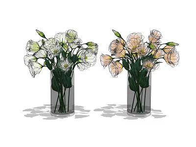 Two Clear Glass Vases Holding White and Pink Fresh Flowers with Green Stems 3d model