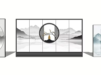 Traditional Chinese Partition Screen With Circular Design And Ink Landscape Painting 3d model