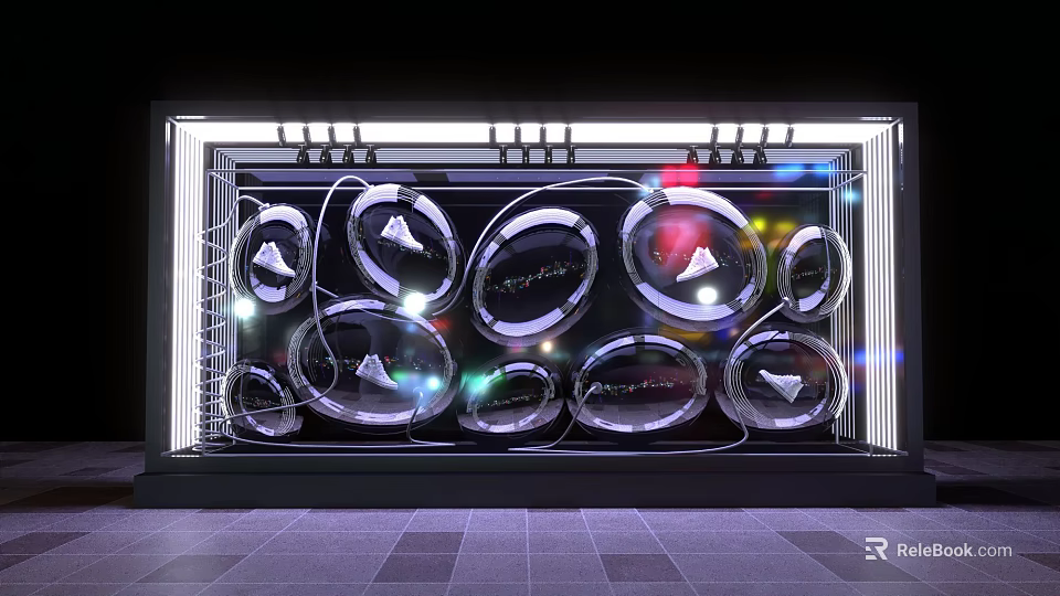 Modern Store Window Display with Multiple Circular Decorative Elements and Bright Lighting 3d model 