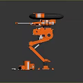 Orange Robot With Four Legs Standing On Yellow Black Striped Floor Near Small Device