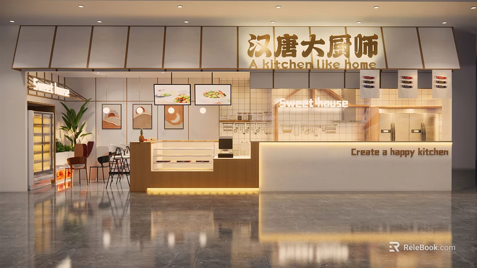 Chinese Style Mall Restaurant Home Like Kitchen Counter With Menu Screens And Dining Tables 3d model 