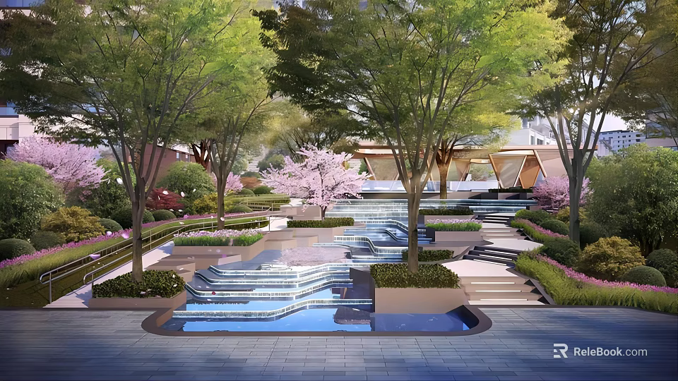 Serene Residential Landscape With Lush Trees Cherry Blossoms Water Features And Stone Steps 3d model 