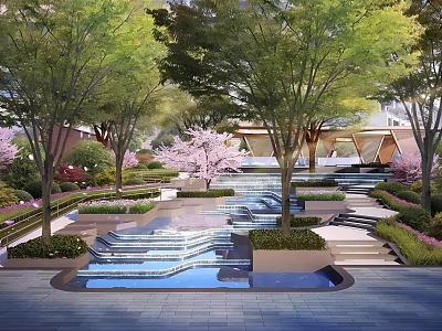Serene Residential Landscape With Lush Trees Cherry Blossoms Water Features And Stone Steps 3d model