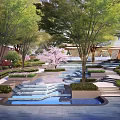 Serene Residential Landscape With Lush Trees Cherry Blossoms Water Features And Stone Steps