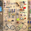 Organized Sports Fitness Equipment Wall Storage with Bikes Rackets and Ski Gear