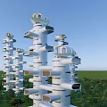 Futuristic Spiral High Rise Buildings Surrounded By Green Trees In Urban Area