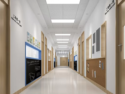 School Hallway With White Walls Wooden Doors Ceiling Lights Display Boards And Blackboard 3d model