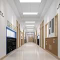 School Hallway With White Walls Wooden Doors Ceiling Lights Display Boards And Blackboard