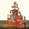 Alibaba Themed Red Spiral Display Installation With Rabbit Figure Orange Decorations And Lights