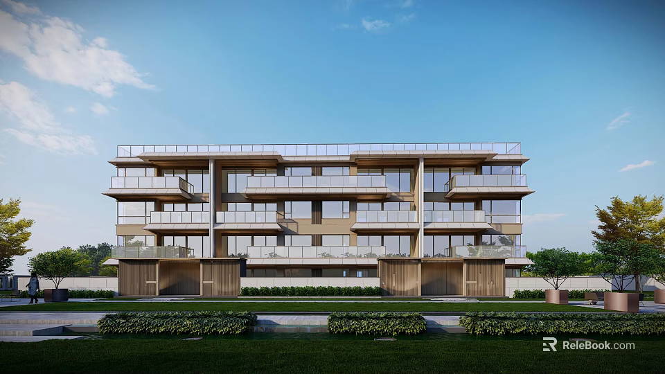 Modern Multi Story Townhouse With Balconies Glass Windows And Landscaped Lawns 3d model 