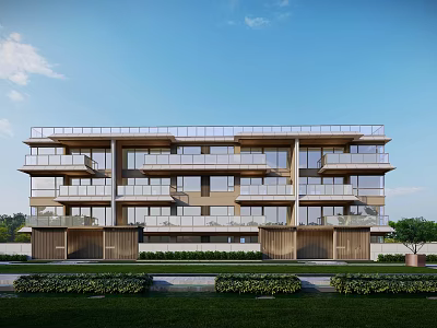 Modern Multi Story Townhouse With Balconies Glass Windows And Landscaped Lawns 3d model