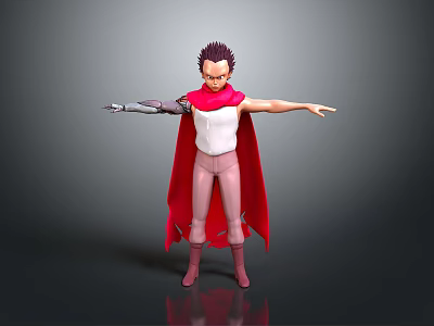 Anime 3D Character Model With Red Hair White Top Pink Pants Red Cape Mechanical Arm 3d model