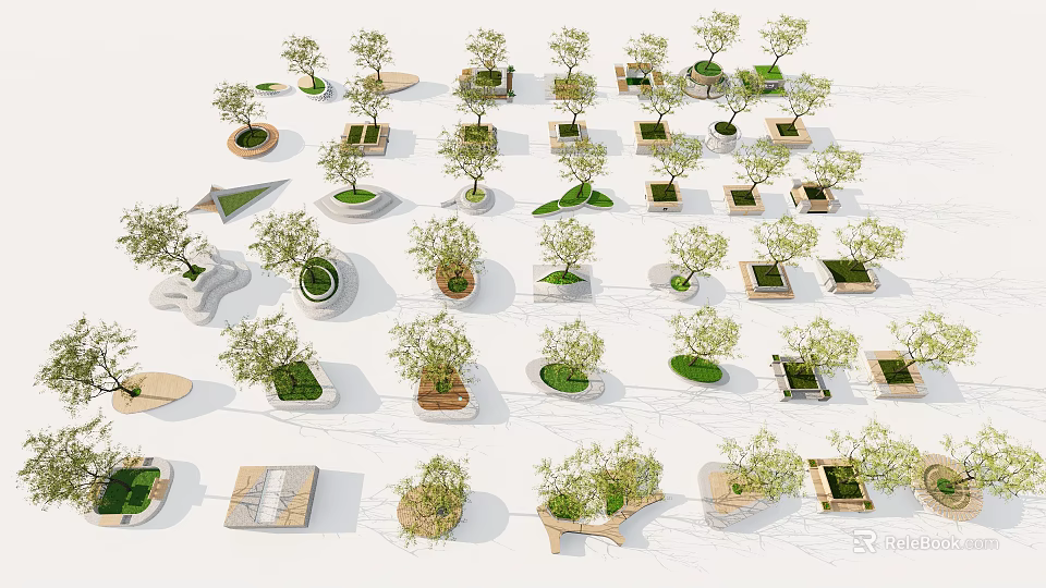 Various Creative Tree Planters Designs For Urban Outdoor Landscape With Green Trees 3d model 