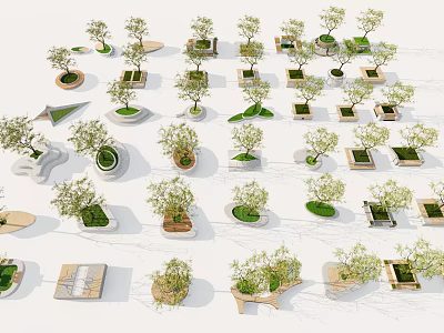Various Creative Tree Planters Designs For Urban Outdoor Landscape With Green Trees 3d model