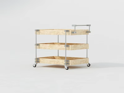 Three Tier Storage Rack With Wooden Shelves And Metal Frame On Wheels 3d model