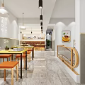 Bright Restaurant Interior Featuring Wooden Tables Orange Stools Booth Seating And Colorful Wall Art