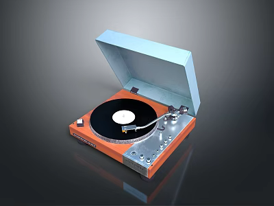 Stylish Vinyl Turntable for Home Living with Orange Base Blue Lid and Black Vinyl Record 3d model