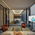 Modern Conference Room With Open Design Large Windows City View Orange Leather Armchairs Meeting Table
