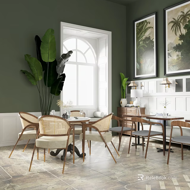 Elegant Wooden Dining Table Set With Rattan Chairs Green Wall Natural Light And Decorative Paintings 3d model 
