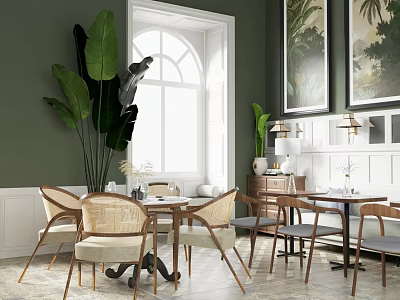 Elegant Wooden Dining Table Set With Rattan Chairs Green Wall Natural Light And Decorative Paintings 3d model