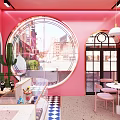 Pink Dessert Shop Interior Design With Arched Decor White Tables Chairs And Counter