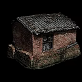 Small Old Red Brick House with Tiled Roof and Stone Base and Weathered Window