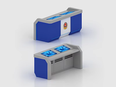 Modern Service Hall With Blue Gray Counters Digital Screens And Official Badge 3d model