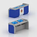 Modern Service Hall With Blue Gray Counters Digital Screens And Official Badge