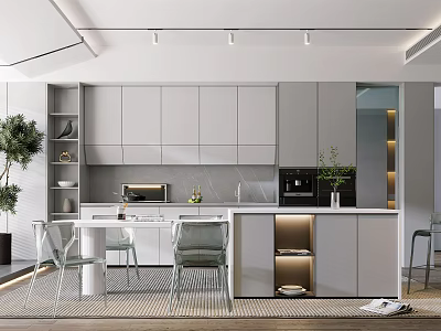 Modern Restaurant Interior Design With Dining Table Chairs Cabinets And Pendant Lighting 3d model