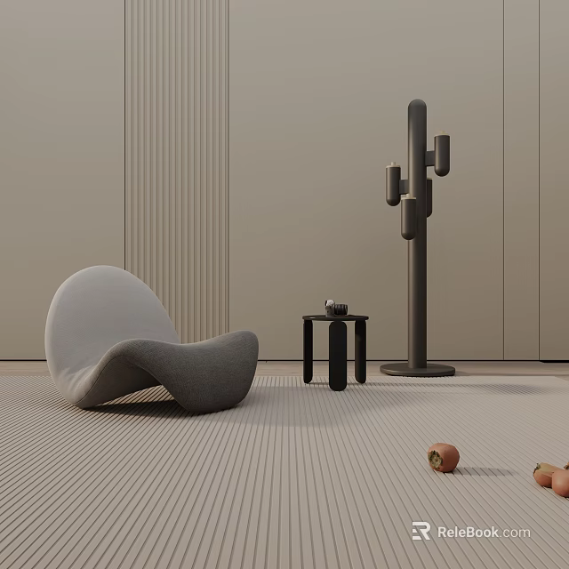 Modern Lounge Chair With Curved Design And Minimalist Side Table Near Sculptural Floor Lamp 3d model 