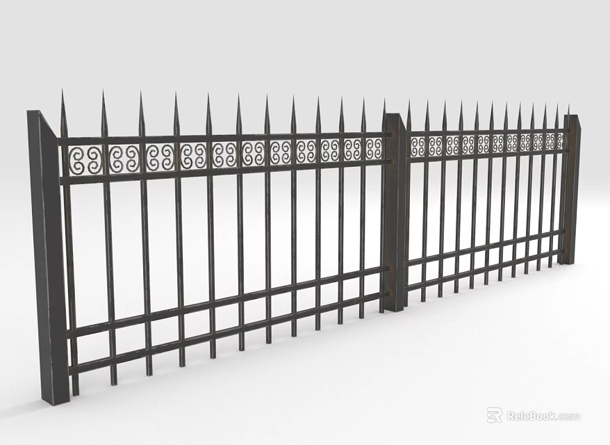 Ornamental Iron Fence with Spiked Tops Vertical Bars and Decorative Patterns Design 3d model 