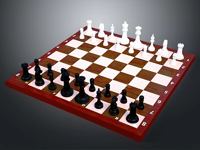 Wooden Chessboard with Black and White Chess Pieces Arranged on Checkerboard 3d model