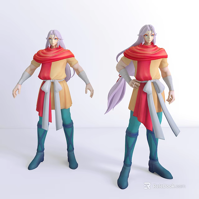 Animated Game Movie Character With Purple Hair Yellow Top Red Gray Scarf Blue Boots 3d model 
