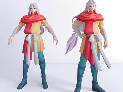 Animated Game Movie Character With Purple Hair Yellow Top Red Gray Scarf Blue Boots 3d model