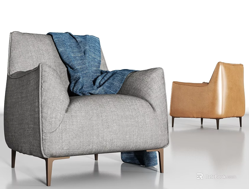 Modern Single Sofa Set in Gray Fabric with Blue Blanket and Brown Leather 3d model