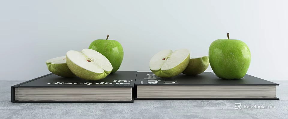Whole and Sliced Green Apples on Black Cover Discipline Books on Gray Tabletop 3d model 