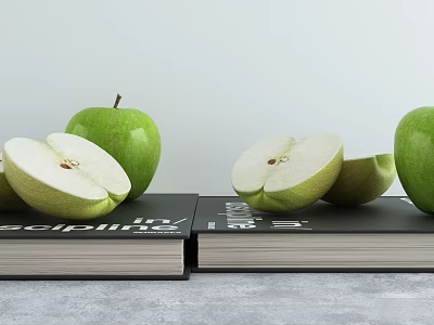 Whole and Sliced Green Apples on Black Cover Discipline Books on Gray Tabletop 3d model