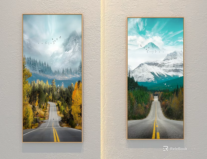 Landscape Paintings With Country Road Double Yellow Lines Autumn Trees Snowy Mountains And Flying Birds 3d model 